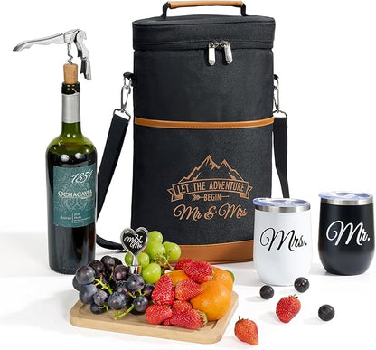 AW BRIDAL Mr and Mrs Gifts Bridal Shower Gifts His and Hers Gifts Wedding Gifts, Couple Engagement Gifts- Wine Gift Bag Wine Cooler Bag Insulated Wine Carrier Tote with Tumblers