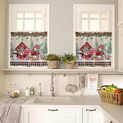 Christmas Farmhouse Kitchen Curtains and Valances Set, Red Truck Gnomes Window Treatments Tiers Winter Holiday Snowman Half/Short Curtains for Small Windows Cafe /Living Room/ Bedroom 54x 36 in