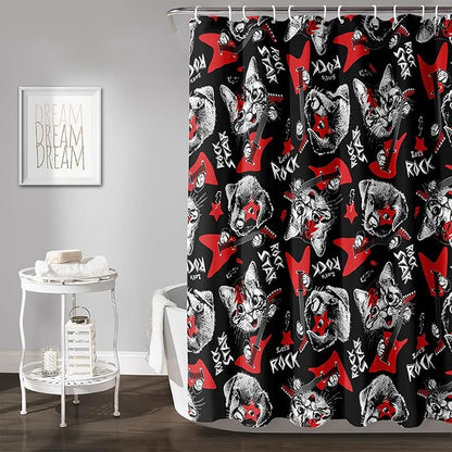 AILONEN Kitten and Puppy Shower Curtain,Rock Kitten Puppy Bath Curtains for Kids Boys Girls,Animal Polyester Waterproof with 12 Plastic Hooks 60" W*72" H