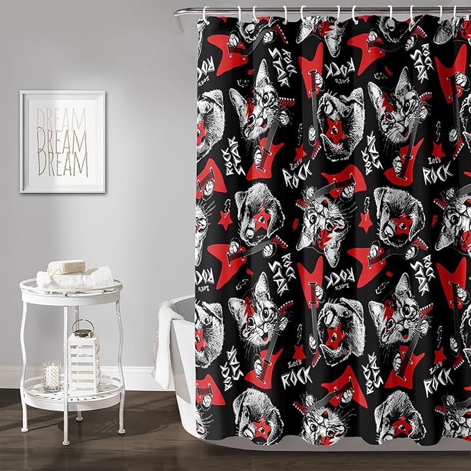 AILONEN Kitten and Puppy Shower Curtain,Rock Kitten Puppy Bath Curtains for Kids Boys Girls,Animal Polyester Waterproof with 12 Plastic Hooks 72" W*84" H