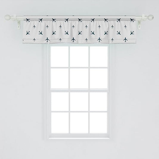 Ambesonne Airplane Window Valance, Diagonal Stripes Travel Silhouettes Vacation Aviation, Curtain Valance for Kitchen Bedroom Decor with Rod Pocket, 42" x 12", Petrol Blue Black White