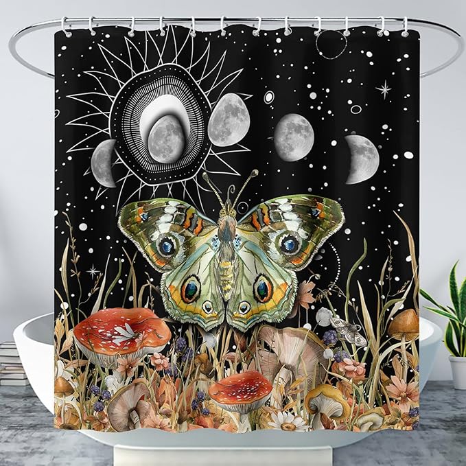 AILONEN Moth Shower Curtain,Sun and Moon Shower Curtain Set for Kids Girls Boys,Boho Natural Mushroom Plants Bath Curtain,Starry Night Bathroom Decor Shower Curtain with 12 Hooks,36" W*72" H