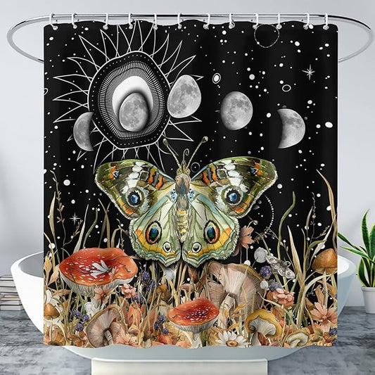 AILONEN Moth Shower Curtain,Sun and Moon Shower Curtain Set for Kids Girls Boys,Boho Natural Mushroom Plants Bath Curtain,Starry Night Bathroom Decor Shower Curtain with 12 Hooks,48" W*72" H