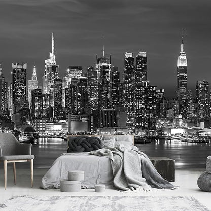 Black and White City Night View Wallpaper for Bathroom Background Wall Decor (Not Peel and Stick)