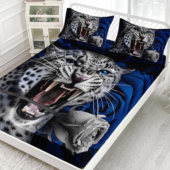 AILONEN Leopard Fitted Sheet Set Queen Size, Roaring Cheetah Print Bed Sheet Set,Blue Rose Bedding Grey Leopard Sheet Set,Wildlife Bed Sheet Set Animal Themed Fitted Sheet and 2 Pillowcases,3 Pieces