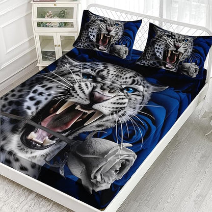 AILONEN Leopard Fitted Sheet Set Full Size, Roaring Cheetah Print Bed Sheet Set,Blue Rose Bedding Grey Leopard Sheet Set,Wildlife Bed Sheet Set Animal Themed Fitted Sheet and 2 Pillowcases,3 Pieces