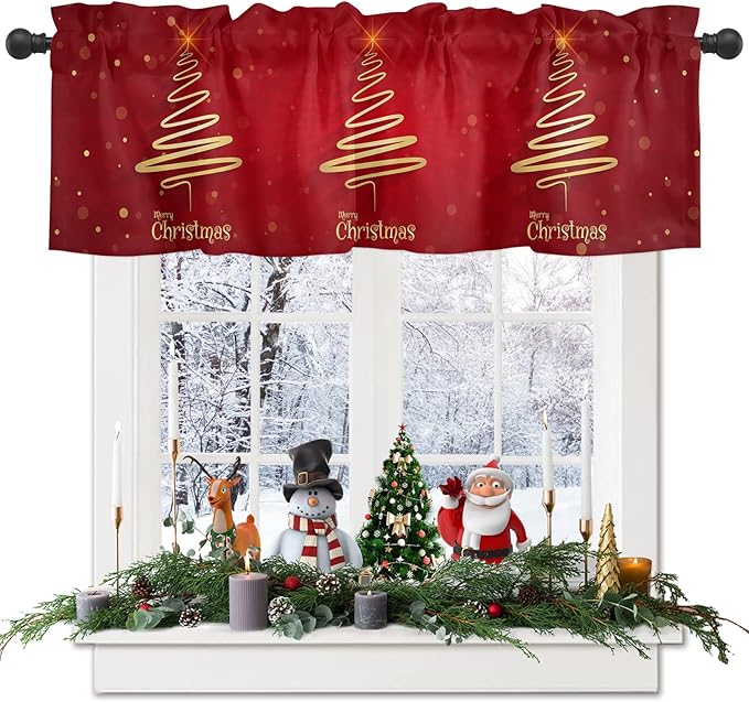 Christmas Tree Valance Curtains for Kitchen Window, Merry Xmas Red Rod Pocket Valances Window Treatments Winter Holiday Decor Short Curtains for Bedroom/Living Room,54" X 18" -1 Panel