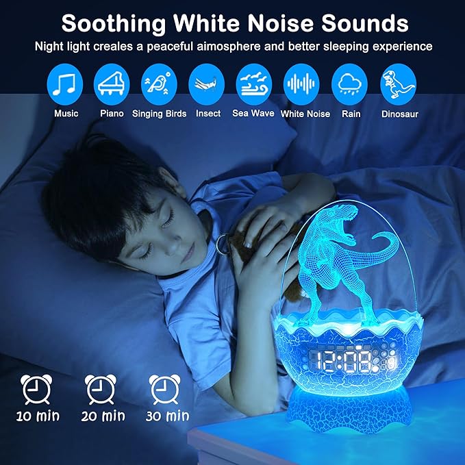 Musical Dino Night Lights, Dinosaur Egg Night Light for Kids, Bluetooth Speaker & White Noise Mahine for Baby, 16 Colors Lighting & 4 Changing Modes, Cool Art & Craft Décor