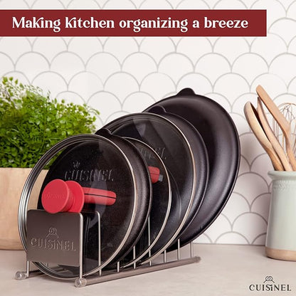 Cuisinel Lid and Dish Organizer Rack - Satin Nickel Silver Kitchen Storage Organization Stand - Plate Holder, Pan/Pot Covers, Cutting Board and Cookie Sheet Divider - 7-Tier Cabinet/Counter Display