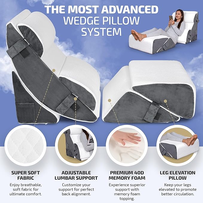 6 pcs Orthopedic Bed Wedge Pillow Set w/Leg Elevation Pillow - Perfect Adjustable Memory Foam Pillows for After Surgery Recovery, Back Support, Pain Relief, Acid Reflux, Sleeping & GERD