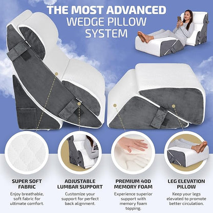 6 pcs Orthopedic Bed Wedge Pillow Set w/Leg Elevation Pillow - Perfect Adjustable Memory Foam Pillows for After Surgery Recovery, Back Support, Pain Relief, Acid Reflux, Sleeping & GERD