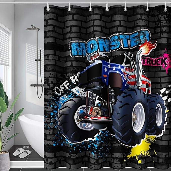 AILONEN Monster Truck Shower Curtain, Black Retro 3D Printed Truck Bath Curtain for Boys,Red Blue Truck Car Bathroom Decor Waterproof Fabric 72" W*72" H Inch with 12 Plastic Hooks