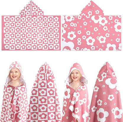 2 Pcs Flower Kids Hooded Bath Towel 50 x 30 Kids Hooded Beach Bath Towels Pink Microfiber Girls Bath Towels Pool Beach Towel Wrap for 3-12 Years Girls Toddlers Swimming Cover up 2 Design