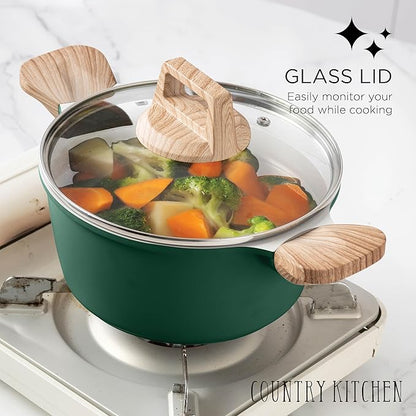 Country Kitchen Pots and Pans Set Nonstick, Cast Aluminum Kitchen Cookware Set with Utensils, 14 Pcs Non Stick Cooking Set w/Frying Pans & Saucepans