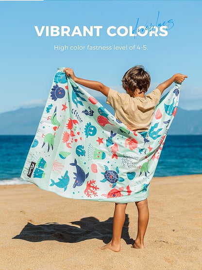 Kids Beach Towel 60''x30'', Quick Dry, Sand Free, Compact, Lightweight, Absorbent, Girls & Boys Large Microfiber Towels for Pool, Swim, Cruise Essentials, Turtle