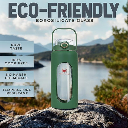 64oz Glass Water Bottle | Green Water Bottle with Straw & Time Marker | Half Gallon Water Bottle with Measurements & Silicone Sleeve | Suitable for Travel, Gym, Sports & Daily Intake