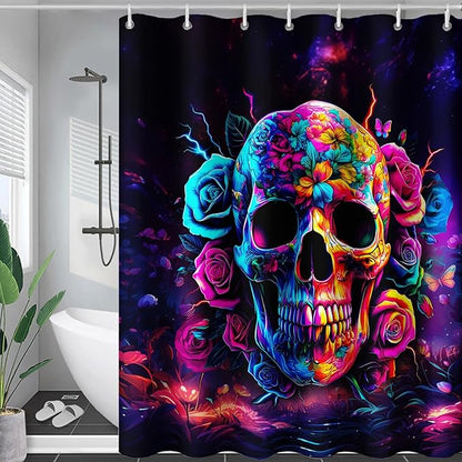 AILONEN Sugar Skull Shower Curtain for Bathroom,Romantic Rose Flower Skull Bath Curtain Decoration,Colorful Skeleton Print Waterproof Purple Curtain with 12 Plastic Hooks, 36" W*72" H