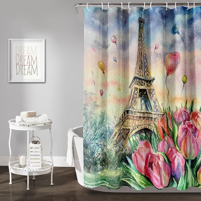 AILONEN Eiffel Tower Shower Curtain,Fantasy Tower Bathroom Fabric Shower Curtain for Girls Kids Teens, 72" W*78" H Flower Balloon Paris Tower Watercolor Theme Bathroom Decor