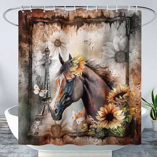 AILONEN Horse Shower Curtain,Sunflower Eiffel Tower Horse Bath Curtain,Retro Horse Polyester Waterproof with 12 Plastic Hooks 48" W*72" H