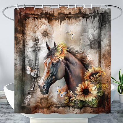 AILONEN Horse Shower Curtain,Sunflower Eiffel Tower Horse Bath Curtain,Retro Horse Polyester Waterproof with 12 Plastic Hooks 72" W*72" H