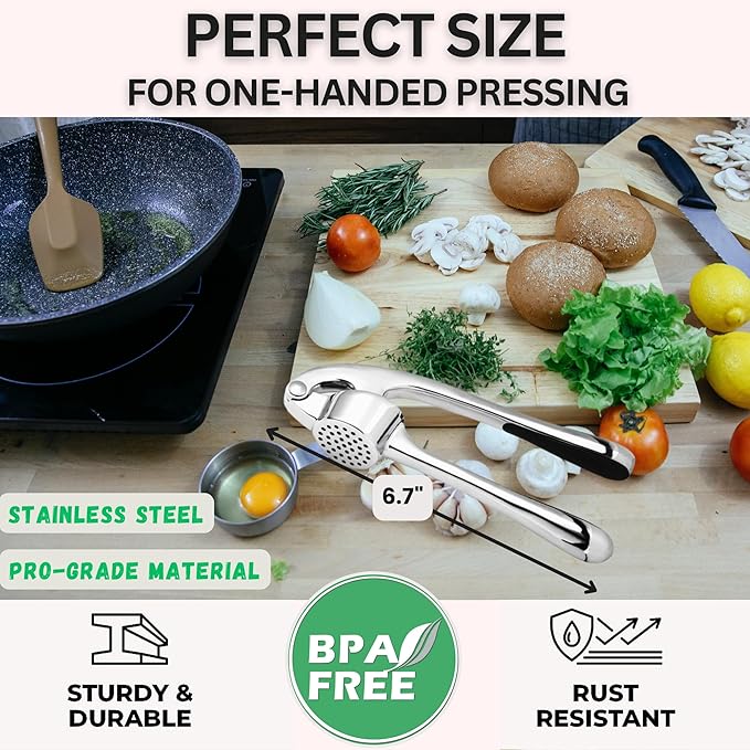 Premium Garlic Press, Heavy Duty Garlic Mincer Tool, Easily Crush Garlic, Ginger, Nuts, Seeds, Ergonomic Handle Garlic Press Stainless Steel, Garlic Masher, Silicone Peeler & Brush, Kitchen Gadgets