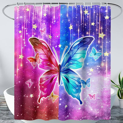AILONEN Butterfly Shower Curtain,Red and Blue Butterfly Bath Curtain,Tie Dye Starry Rainbow Modern Decorative Shower Curtain with 12 Plastic Hooks (Kids/Girls/Women/Teen/) 36" W*72" H