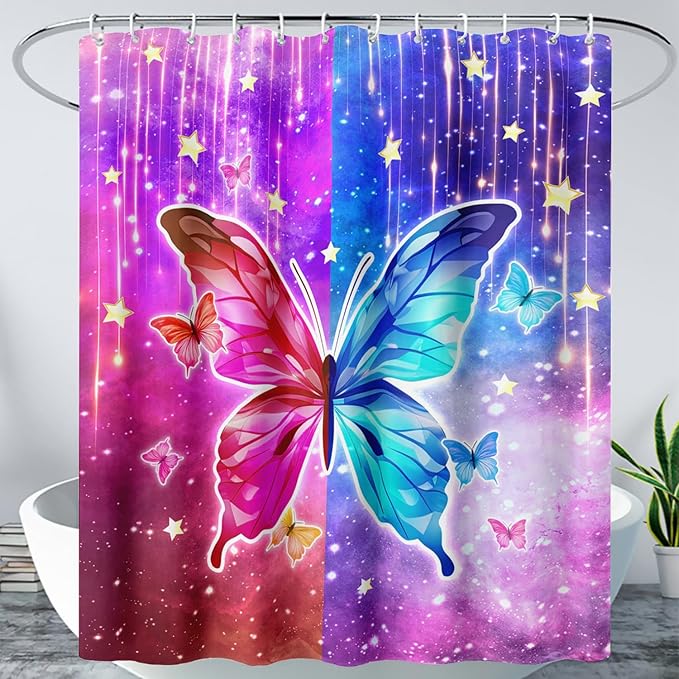 AILONEN Butterfly Shower Curtain,Red and Blue Butterfly Bath Curtain,Tie Dye Starry Rainbow Modern Decorative Shower Curtain with 12 Plastic Hooks (Kids/Girls/Women/Teen/) 72" W*84" H