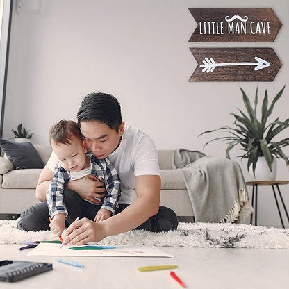 Nursery Wall Decor - 2 Pcs Little Man Cave Sign, Baby Boy Woodland Nursery Decor for Kids Toddler Bedroom Playroom Sign Decoration, Wooden Arrow Wall Art Brown (14 inch)