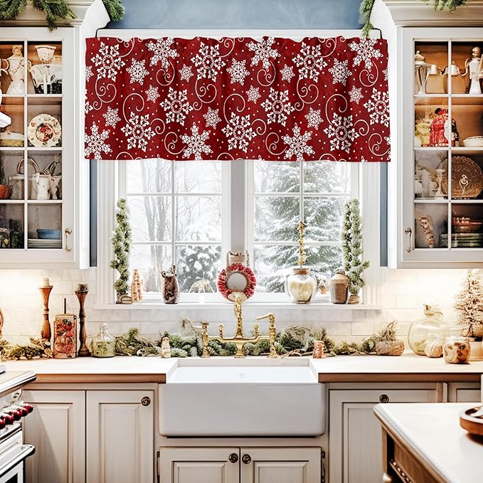 Christmas Valance Curtains for Kitchen Windows Red White Snowflakes Pattern Rod Pocket Window Treatment Toppers for Kitchen/Living Room/Bedroom/Bathroom, 42" X 12", Winter