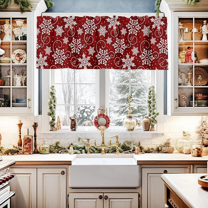 Christmas Valance Curtains for Kitchen Windows Red White Snowflakes Pattern Rod Pocket Window Treatment Toppers for Kitchen/Living Room/Bedroom/Bathroom, 42" X 18", Winter