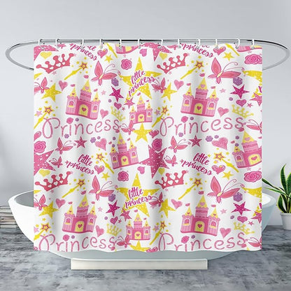 AILONEN Princess Castle Shower Curtain,Cartoon Butterfly and Rose Bathroom Shower Curtain for Girls Boys Kids Teens, 72" W*84" H Pink Glitter Star Theme Bathroom Decor