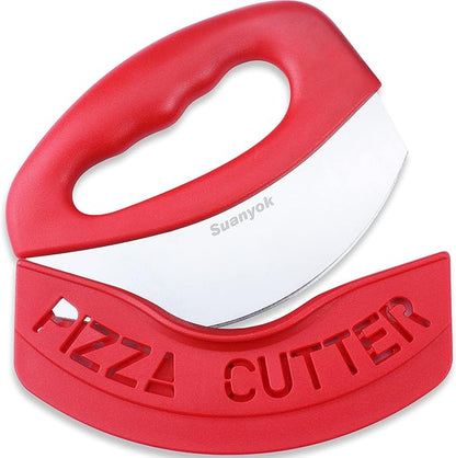 Premium Pizza Cutter Food Chopper-Super Sharp Blade Stainless Steel Pizza Cutter Rocker Slicer with Protective Sheath Multi Function Pizza Knife Kitchen Tools,Dishwasher Safe (Red)