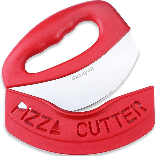 Premium Pizza Cutter Food Chopper-Super Sharp Blade Stainless Steel Pizza Cutter Rocker Slicer with Protective Sheath Multi Function Pizza Knife Kitchen Tools,Dishwasher Safe (Red)
