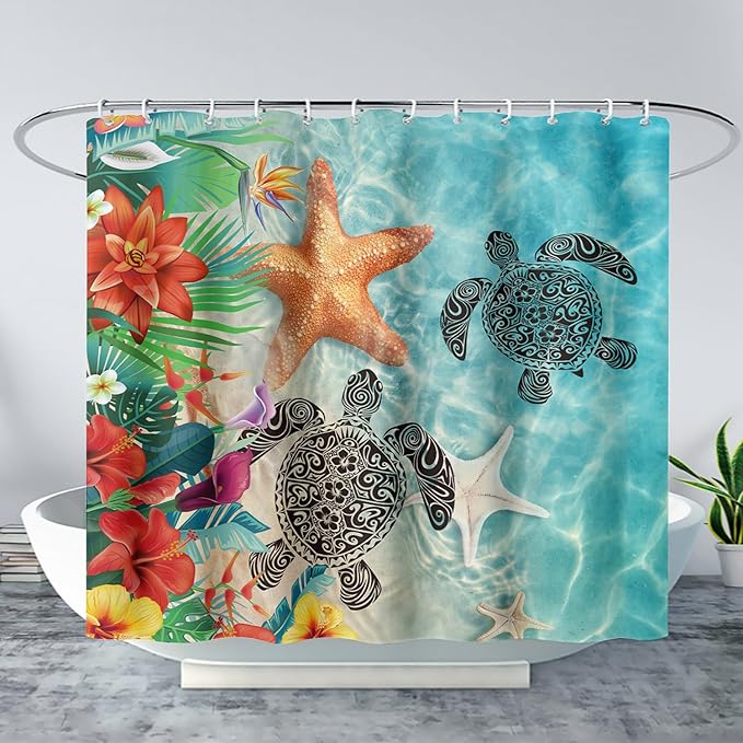 AILONEN Sea Turtle Shower Curtain,Sea Turtle with Starfish Bath Curtain Cloth Fabric Bathroom 72" W*72" H Inch,12 Pack Hooks for Kids,Ocean Themed Bathroom Curtain
