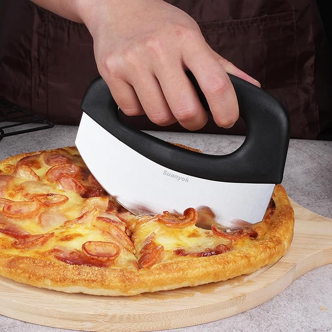 Premium Pizza Cutter Food Chopper-Super Sharp Blade Stainless Steel Pizza Cutter Rocker Slicer with Protective Sheath Multi Function Pizza Knife Kitchen Tools,Dishwasher Safe (Black)