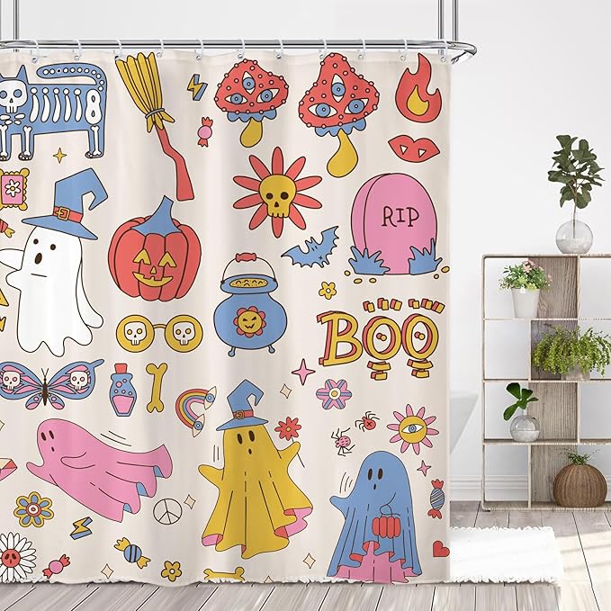 70s 60s Halloween Cute Shower Curtain 60Wx72L Inch Groovy Funky Hippie Kids Retro Child Ghost Pumpkin Mushroom Scary Bathroom Set Accessories Decor Polyester Waterproof with 12 Pack Hooks