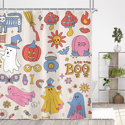 70s 60s Halloween Cute Shower Curtain 60Wx72L Inch Groovy Funky Hippie Kids Retro Child Ghost Pumpkin Mushroom Scary Bathroom Set Accessories Decor Polyester Waterproof with 12 Pack Hooks