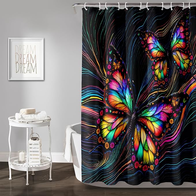 AILONEN Beautiful Butterfly Shower Curtain,Colorful Line Butterfly Bath Curtain for Bathroom for Boys,Girls,Boho Hippie Style Waterproof Fabric Shower Curtain Set with Hooks,48" W*72" H