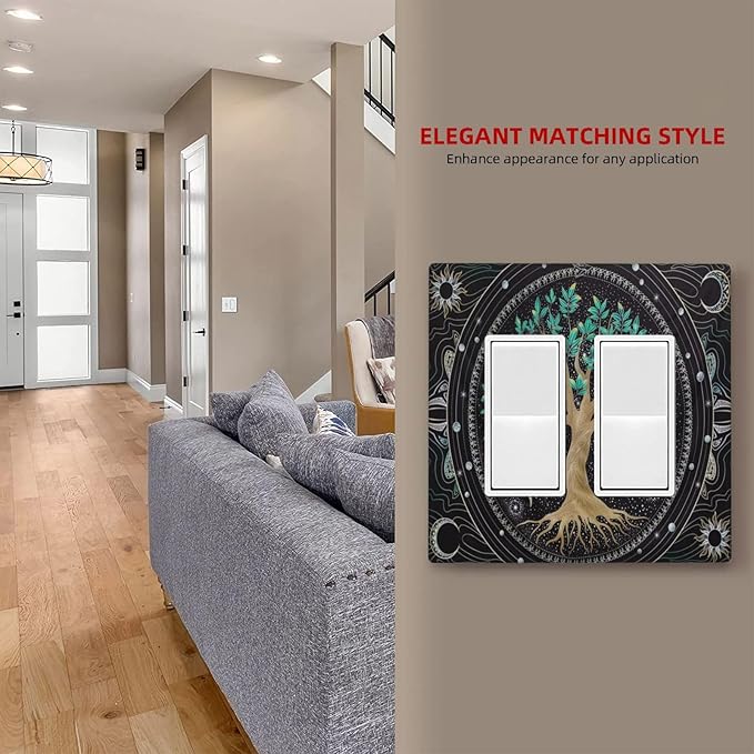 Tree of Life Blackground 2 Gang Rocker Decora Light Switch Cover Decorative Hippie Sun Moon Star Outlet Covers Wall Plate Electrical Faceplate Switchcovers GFCI for Bathroom Bedroom Livingroom Decor