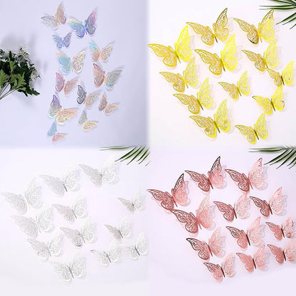 3D Butterfly Wall Decor 48 Pcs 4 Styles 4 Colors 3 Sizes,Gold Silver Laser Rose Butterfly Decorations for Butterfly Birthday Decorations Butterfly Party Decorations Cake Decorations,Removable Sticker