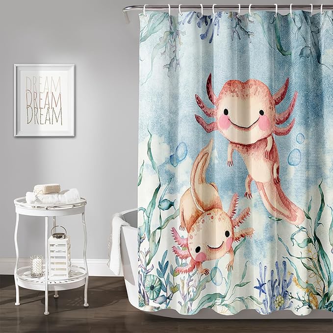 AILONEN Cute Axolotl Shower Curtains,Seaweed Salamander Bath Curtain for Kids Bathroom Decor,Polyester Waterproof with 12 Plastic Hooks 60" W*72" H
