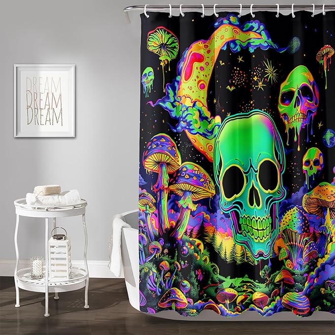 AILONEN Mushroom Skull Shower Curtain for Bathroom, Green Starry Moon Skull Bath Curtain,Fantasy Fungus Skeleton Decor Bathroom Waterproof Curtain with 12 Plastic Hooks, 72" W*84" H