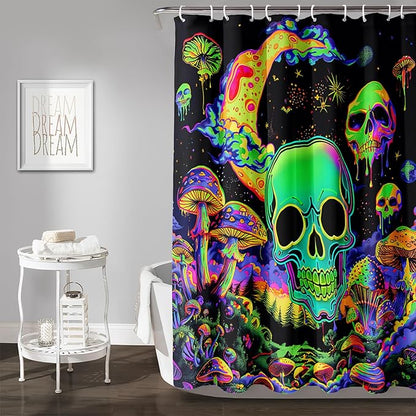 AILONEN Mushroom Skull Shower Curtain for Bathroom, Green Starry Moon Skull Bath Curtain,Fantasy Fungus Skeleton Decor Bathroom Waterproof Curtain with 12 Plastic Hooks, 48" W*72" H