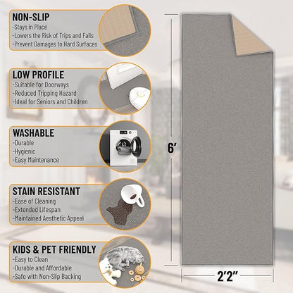 Machine Washable Modern Solid Design Non-Slip Rubberback 2x6 Traditional Runner Rug for Hallway, Kitchen, Bedroom, Living Room, 2'2" x 6', Gray