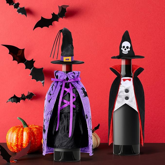 4 Pcs Halloween Wine Bottle Cover Witch Vampire Wine Clothes Dracula Wine Dress for Halloween Party Table Decor