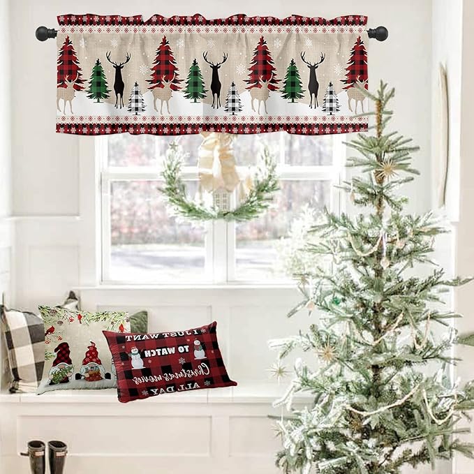 Farmhouse Christmas Valance Kitchen Curtains for Windows, Rustic Plaid Christmas Tree Snowflakes Rod Pocket Window Treatments Red Green Black Short Curtains For Bedroom/ Living Room,54" X 18" -1 Panel