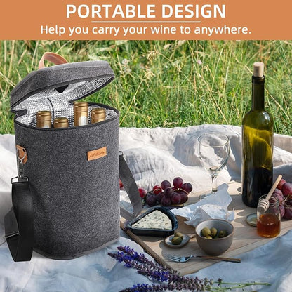 4 Bottle Carrier Tote, Thicken Felt Wine Carrier Padded Portable Wine Bottle Bag with Leather Handles & Shoulder Strap for Party, Picnic, Travel, BYOB (Dark Grey)