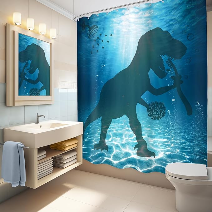LGhtyro Kids Ocean Sea Dinosaur Shower Curtain Bathroom Set 60Wx71H Inches Underwater Funny Dino Boys Bathing Trex Raptor Bath Accessories Cartoon Animal Silhouette Art Home Decor Fabric 12 Pack Hooks