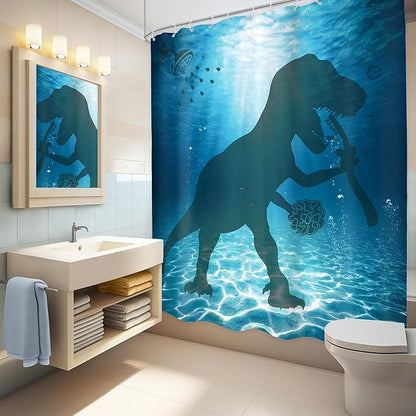 LGhtyro Kids Ocean Sea Dinosaur Shower Curtain Bathroom Set 60Wx71H Inches Underwater Funny Dino Boys Bathing Trex Raptor Bath Accessories Cartoon Animal Silhouette Art Home Decor Fabric 12 Pack Hooks