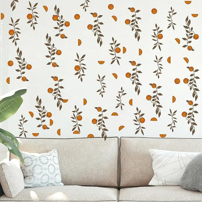 Orange Leaf Wall Stickers Boho Fruit Leaf Wall Stickers Removable Botanical Vintage Fruit Wall Decals Citrus Green Leaves Orange Wall Stickers for Nursery Kids Room Bedroom Kitchen Decor